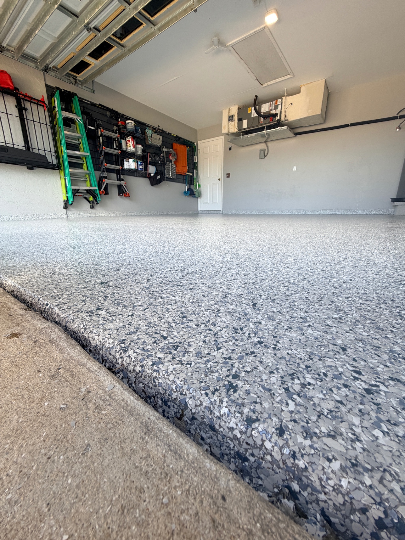 Flake epoxy garage floor wide angle view